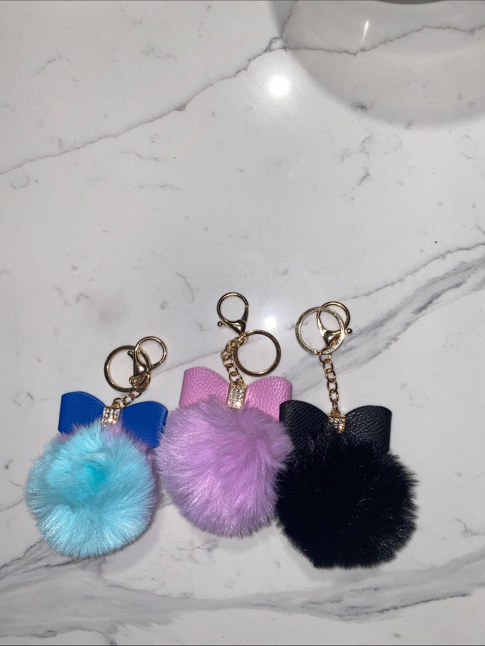 Faux Fur Pom Pom Bow Keychain Trio - Blue, Pink, Black